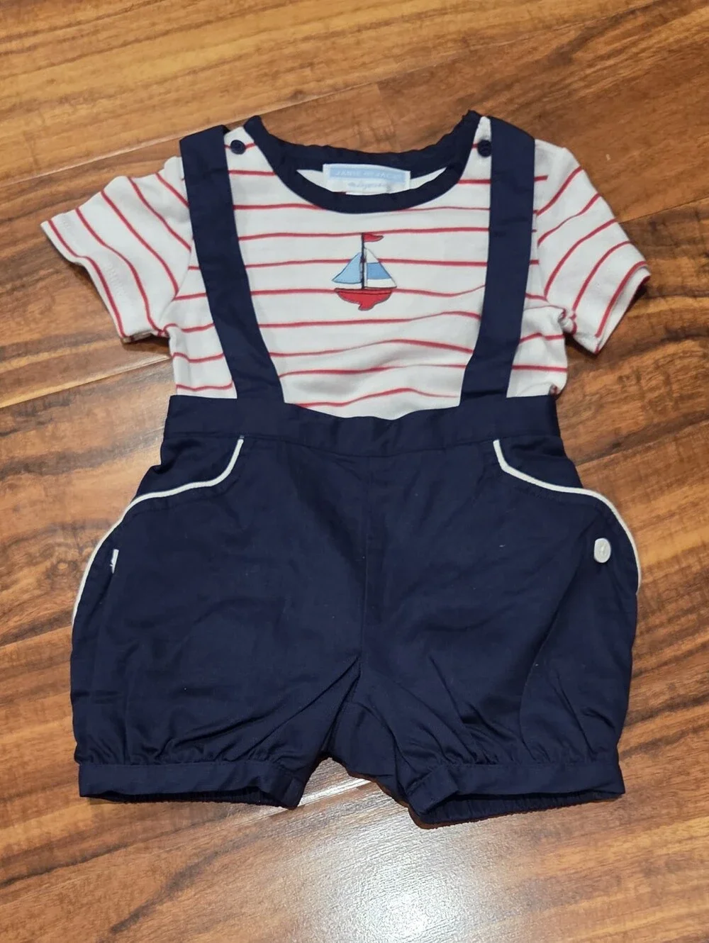 Janie and Jack NWT 6-12 Months Red Striped Sailboat Bodysuit, Suspender Shortall